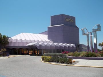 The purple Van Wezel Performing Arts Hall on the bayfront