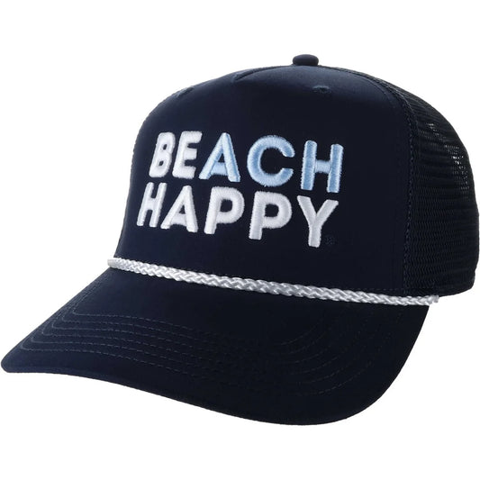 A navy blue trucker hat with 'BEACH HAPPY' embroidered on the front in white and light blue, featuring a white braided rope detail across the brim and a navy mesh back.