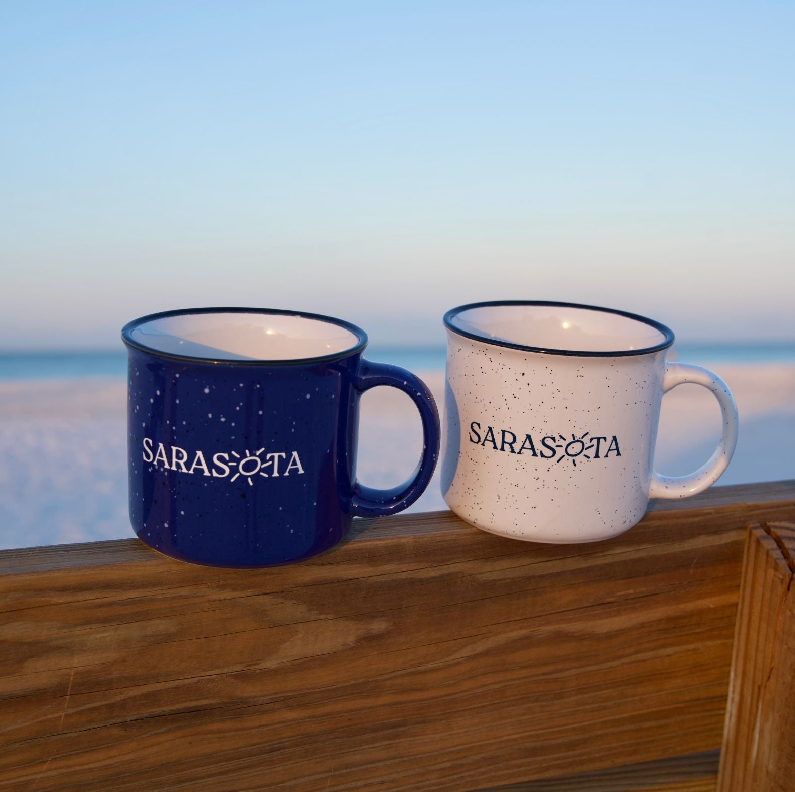Sarasota coffee mugs with sarasota sun logo