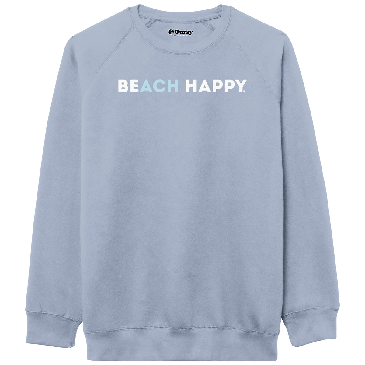 A light blue crewneck sweatshirt with 'BEACH HAPPY' printed across the chest in white and light blue, shown on a plain white background.