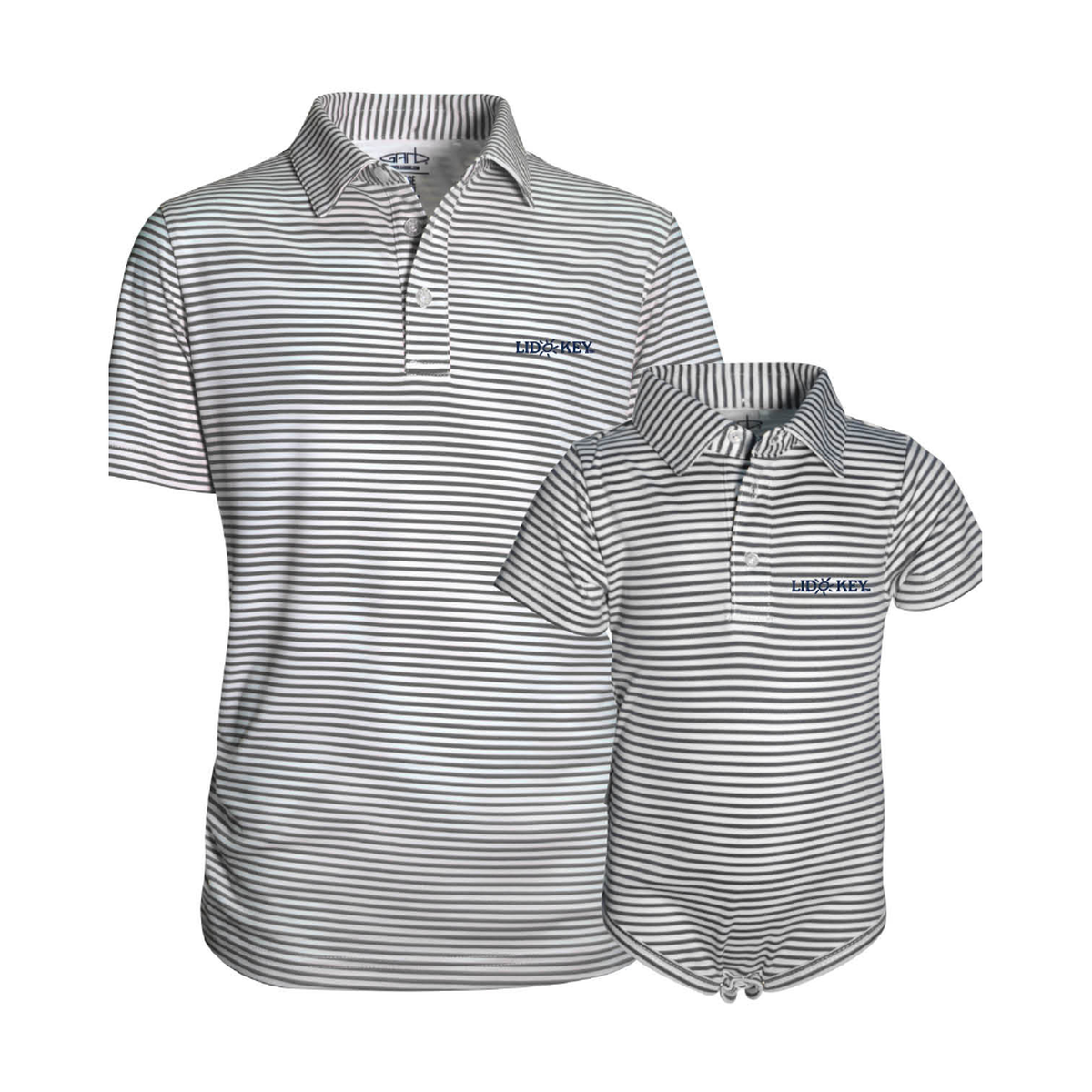 Lido Key Carson toddler polo, charcoal stripe with LIDO KEY embroidery
