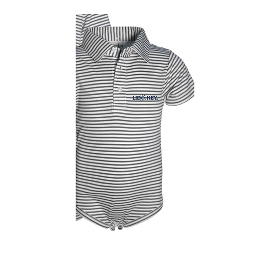 Lido Key Carson onesie, charcoal stripe with LIDO KEY embroidery and snap closure