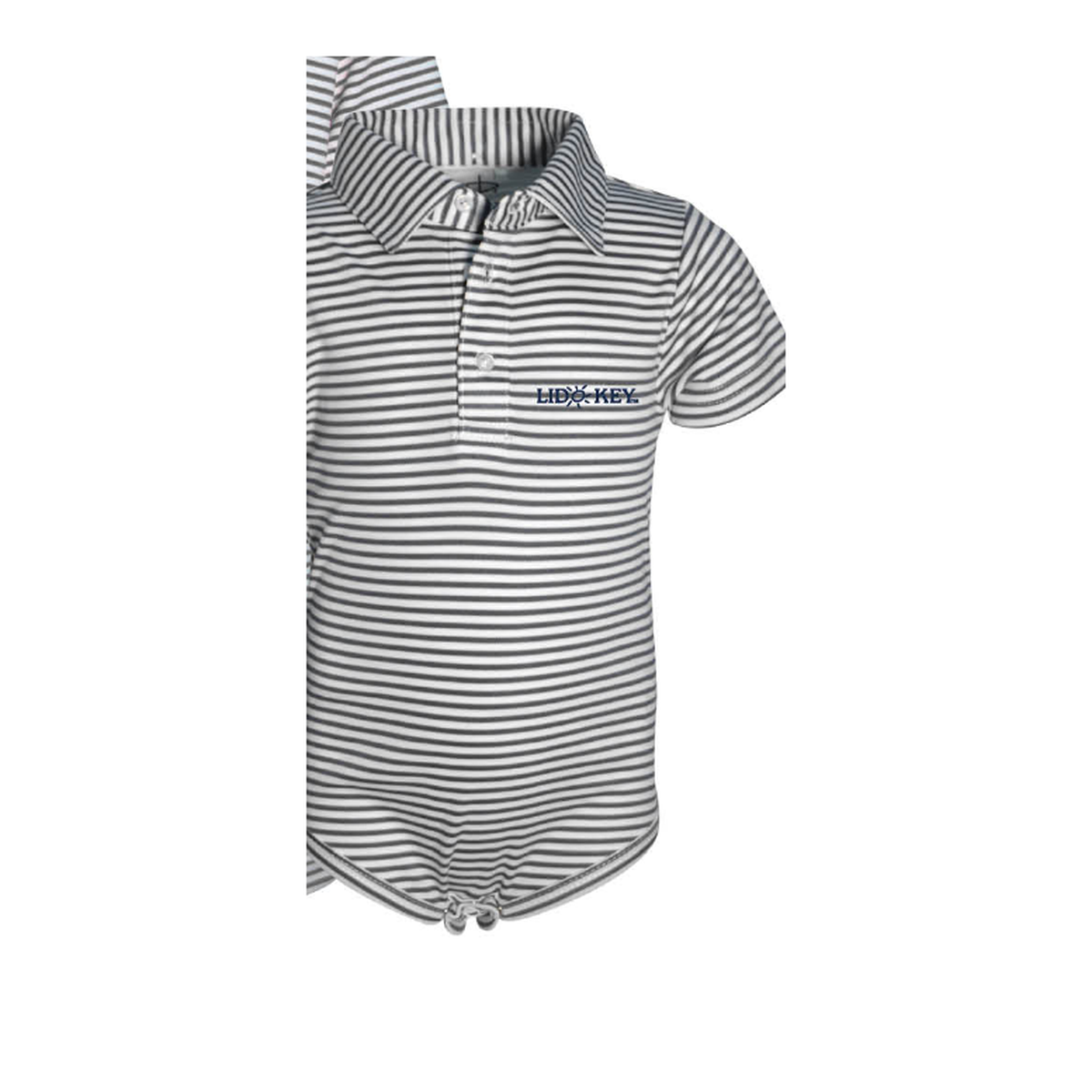 Lido Key Carson onesie, charcoal stripe with LIDO KEY embroidery and snap closure