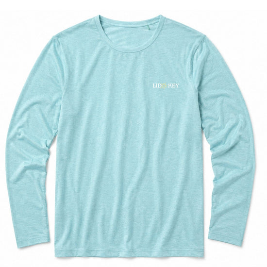 A light blue long-sleeve crewneck t-shirt with a small 'LIDO KEY' logo printed on the left chest, displayed flat against a white background.