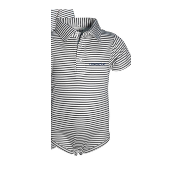 Longboat Key Carson onesie, charcoal stripe with LONGBOAT embroidery and snap closure