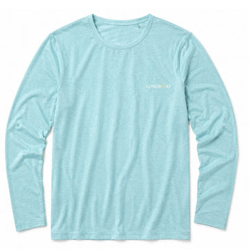 A light blue long-sleeve crewneck t-shirt with a small 'longboat' logo printed on the left chest, displayed flat against a white background.