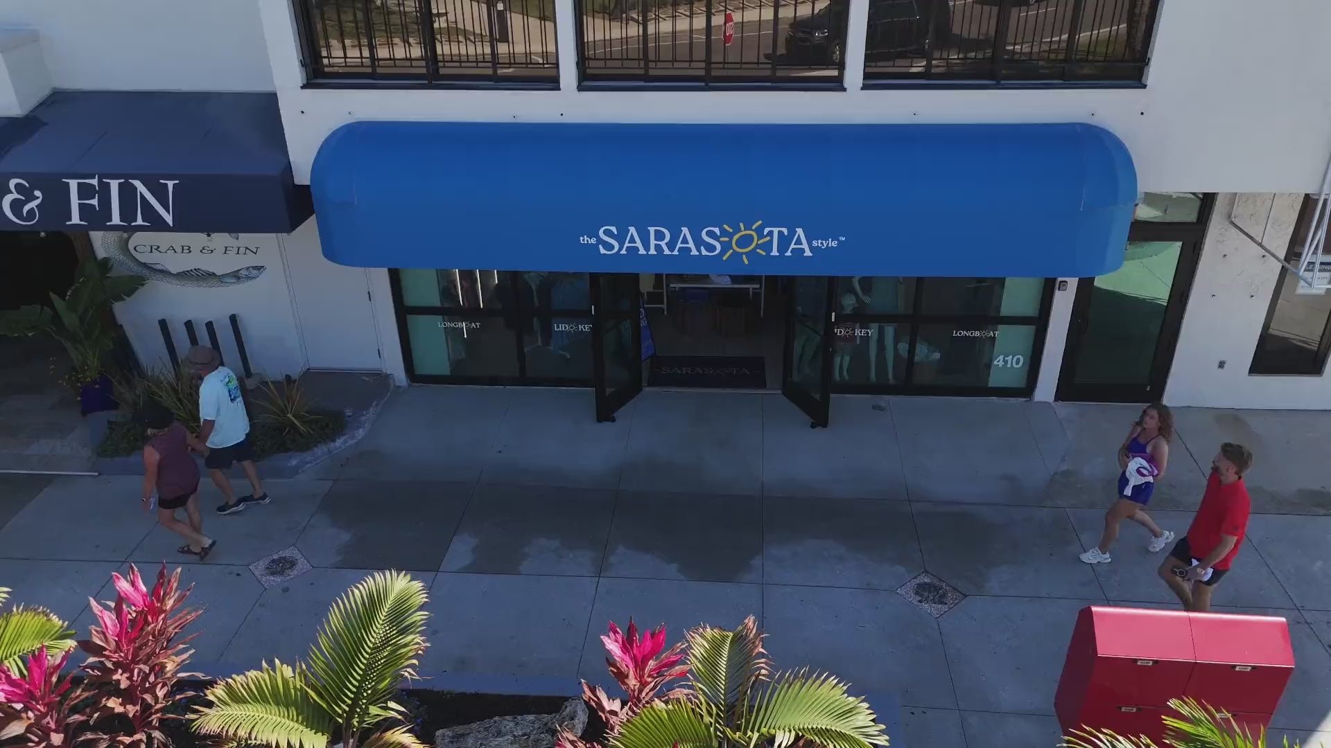 Drone video of The Sarasota Style store on St. Armands Circle and Lido Key beach