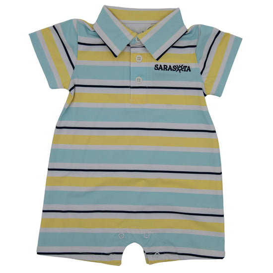 Sarasota Style Cayson Stripe Blue Baby Onesie in Yellow - Sarasota Florida | Sarasota Store