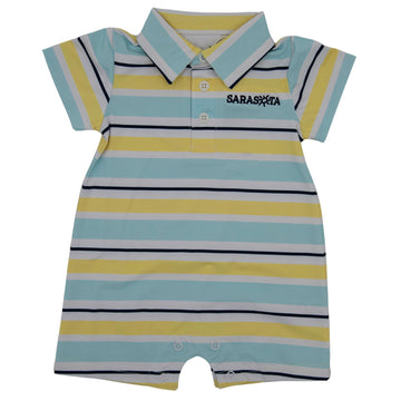 Sarasota Style Cayson Stripe Blue Baby Onesie in Yellow - Sarasota Florida | Sarasota Store